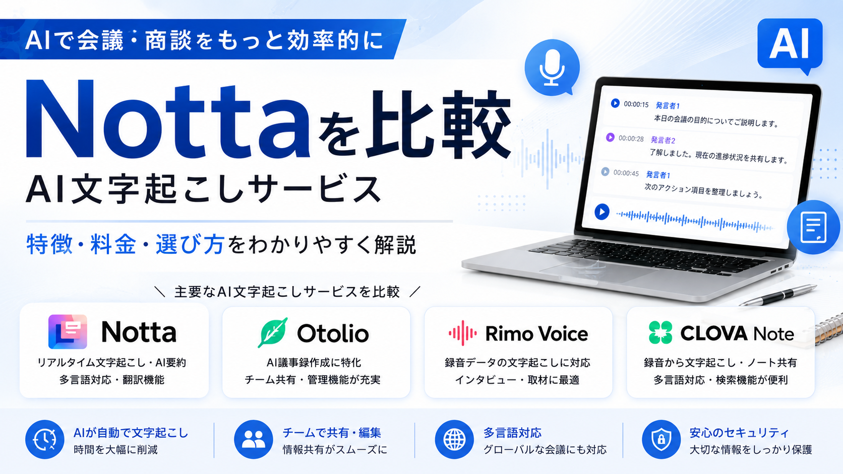 Nottaを比較｜AI文字起こしサービスの特徴・料金・選び方を解説